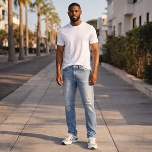 HUDSON Men’s Light Wash Distressed Slim Straight Jeans, Size 34